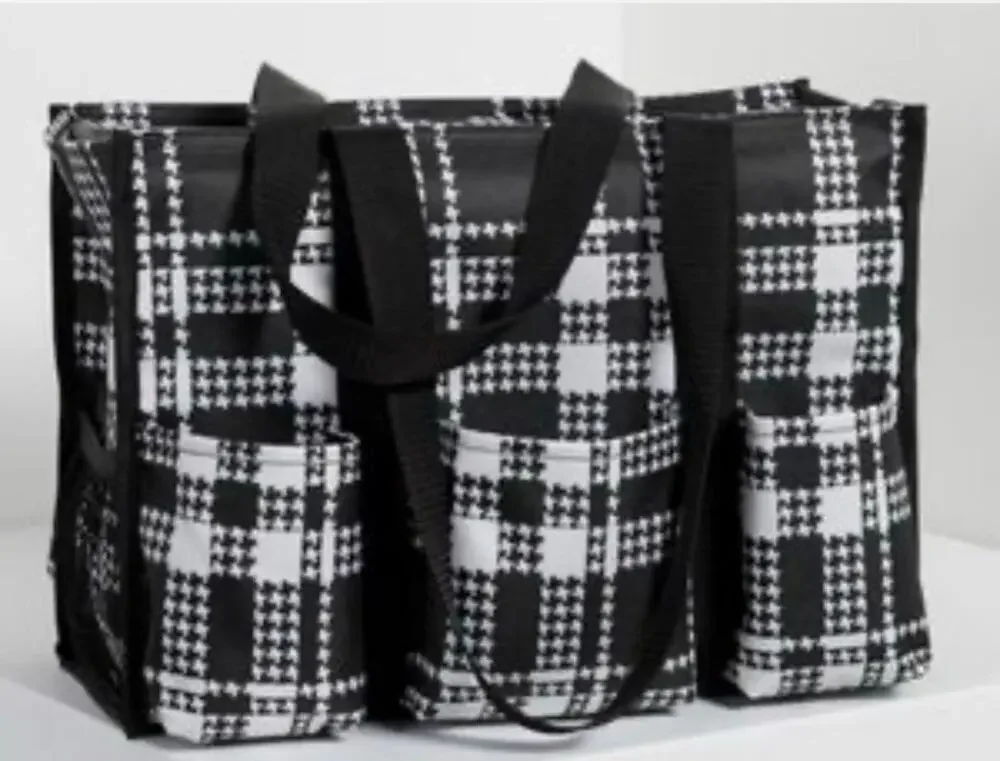 31 (Thirty One) Zip Top Organizing Utility Tote Houndstooth Plaid (Blk & White)